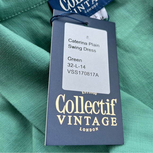 Colectif Vintage London Catalina Sea Green Swing House Dress Buttons Belt NWT - Picture 10 of 13